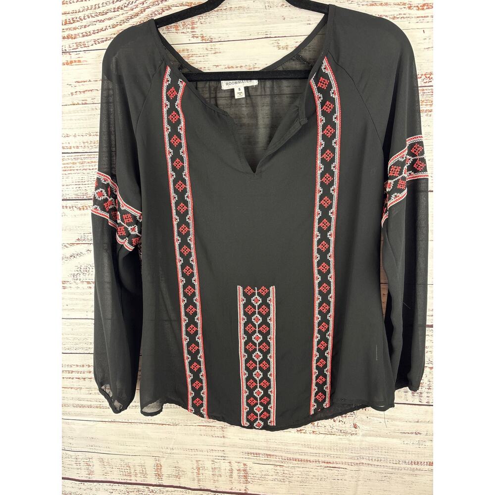 Womens Roommates Black V-Neck Embroidered Peasant Blouse Boho Sheer Size Small